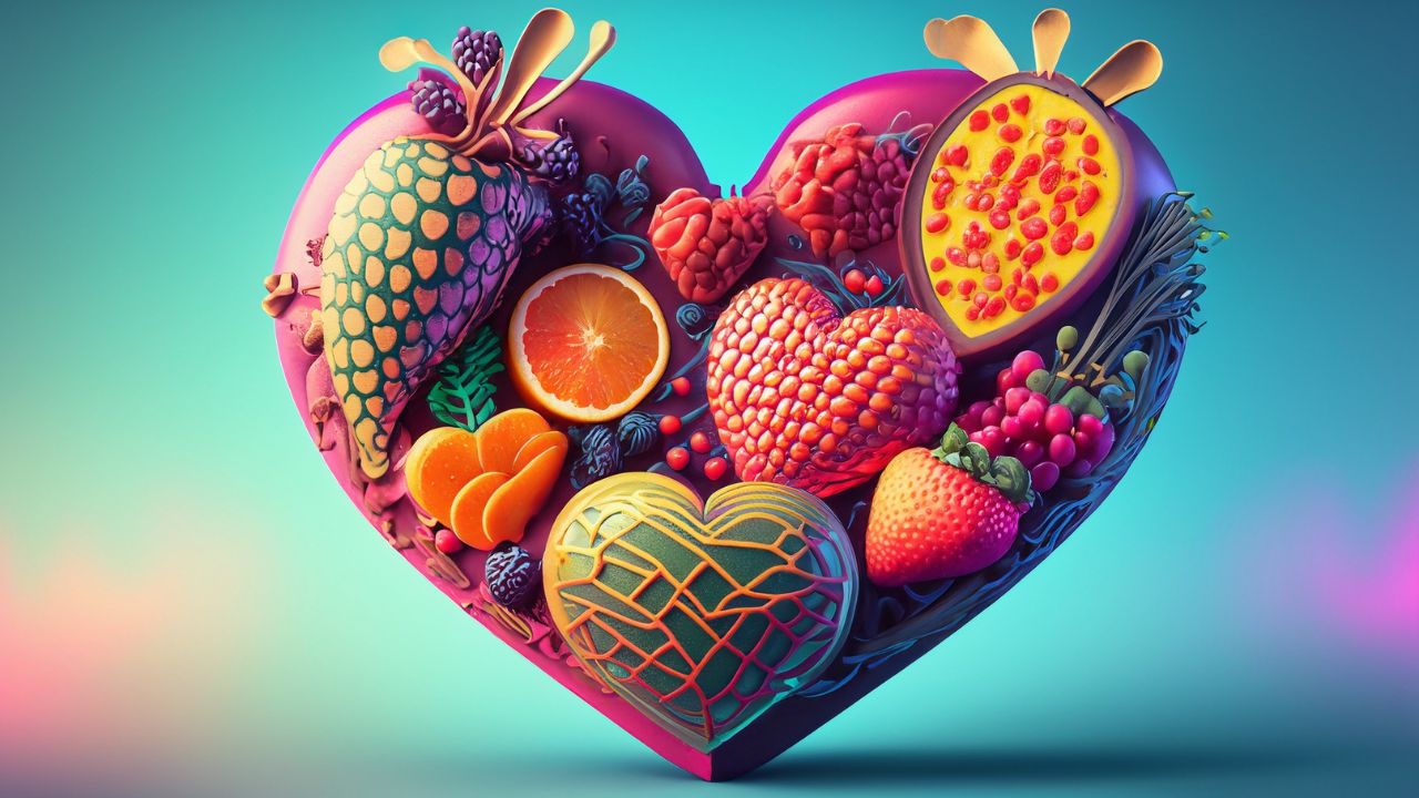 Mindset und Gesundheit, ein Herz mit gesunden Lebensmitteln, Gemüse und Früchte
